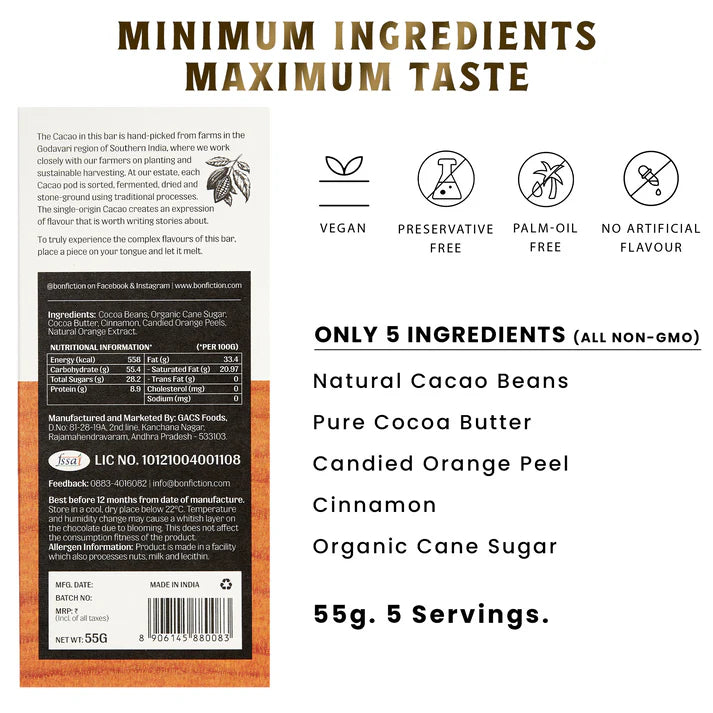 Dark Chocolate | Lost In An Orange Haze - 64% Dark Orange Cinnamon Chocolate - Tree To Bar – Single Origin – 100% Natural – Vegan, Gluten Free, Palm Oil Free, Non GMO, No Artificial Flavour & No Added Preservatives - Vegan – Bon-Fiction – 55gm
