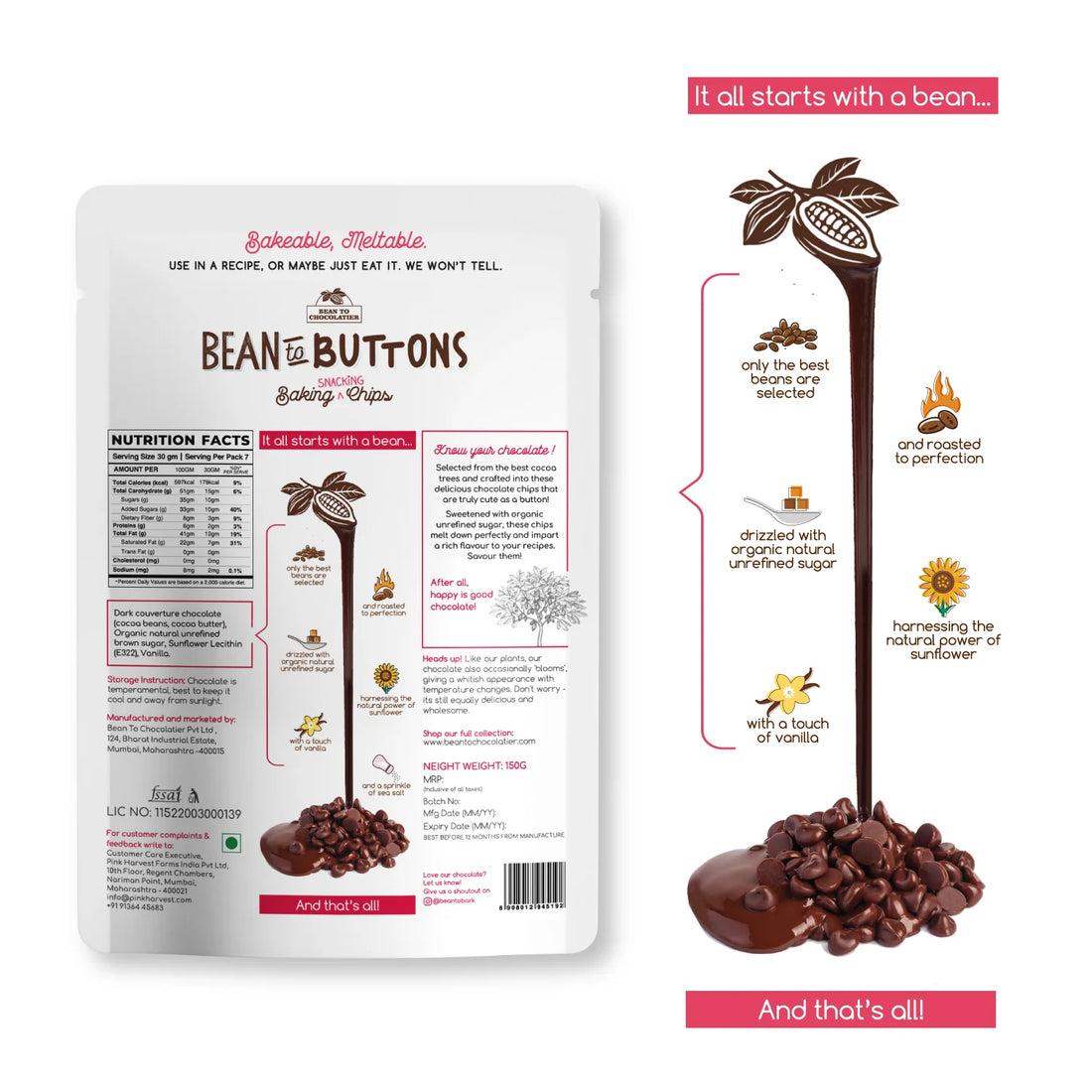Chocolate Chips | Pure Chocolate - Bean To Buttons - Baking Chocolate Chips - Vegan & Gluten Free - Pink Harvest - 150gm