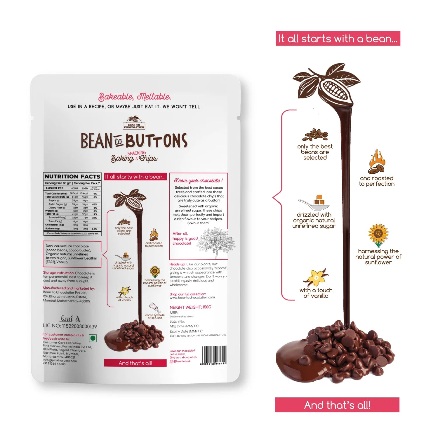 Chocolate Chips | Pure Chocolate - Bean To Buttons - Baking Chocolate Chips - Vegan & Gluten Free - Pink Harvest - 150gm