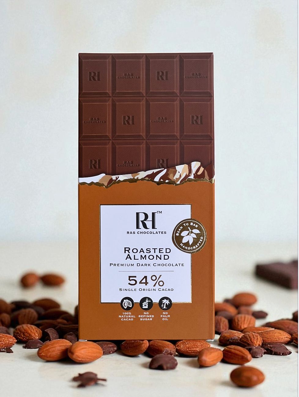 Dark Chocolate | Roasted Almond Premium Dark Chocolate - 54% Single Origin Cacao - Bean To Bar - Handcrafted - 100% Natural Cacao - No Refined Sugar & No Palm Oil - Ras Chocolate - 80gm