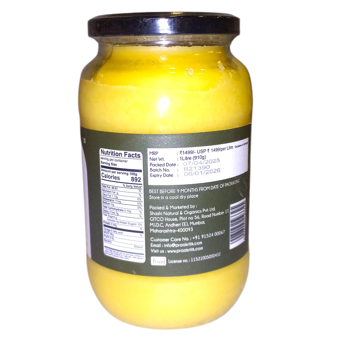 Ghee | Desi Cow Ghee - No Vegetables Oil, Palm Oil, No Fragrances & No Additives - Praakritik - 1000ml