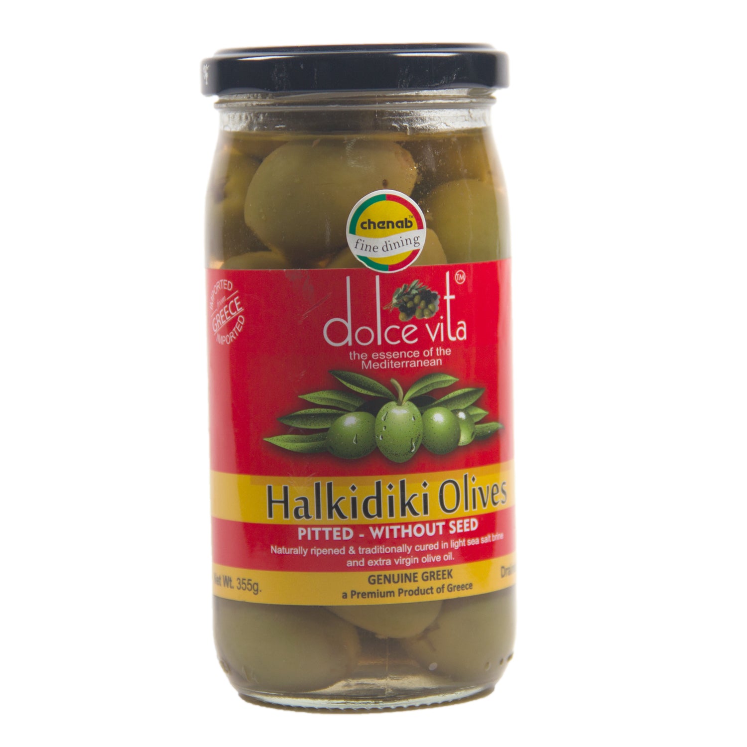 Olives | Halkidiki Green Olives - Pitted - Without Seed - Dolce Vita - 355gm