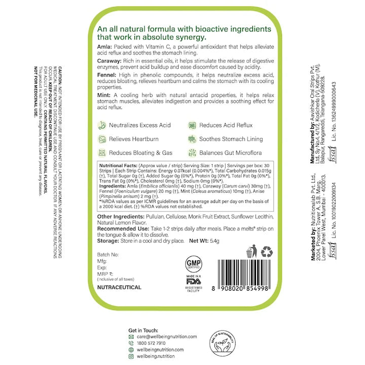 Acidity Relief | (Natural Lemon Mint) - Amla + Caraway + Fennel - Instant Action - USDA Organic - Sugar Free – Wellbeing Nutrition – 30 Oral Strips