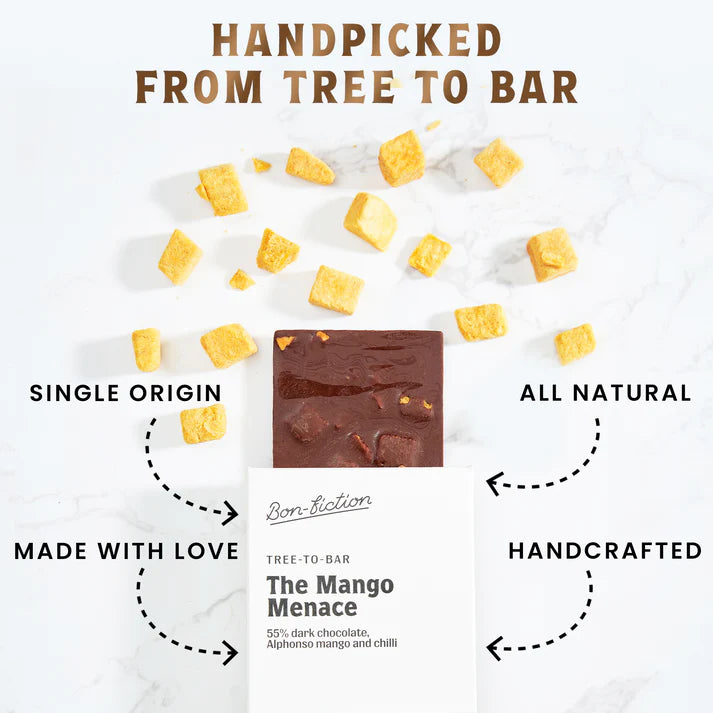 Dark Chocolate | 55% Dark Alphonso Mango Chilli Chocolate – The Mango Menace – Tree To Bar – Single Origin – 100% Natural – Vegan, Gluten Free, Palm Oil Free, Non GMO, No Artificial Flavour & No Added Preservatives – Bon-Fiction – 55gm
