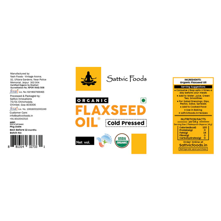 Flaxseed Oil | Cold Pressed With Omega-3 - USDA Organic – Sattvic Foods – 250ml
