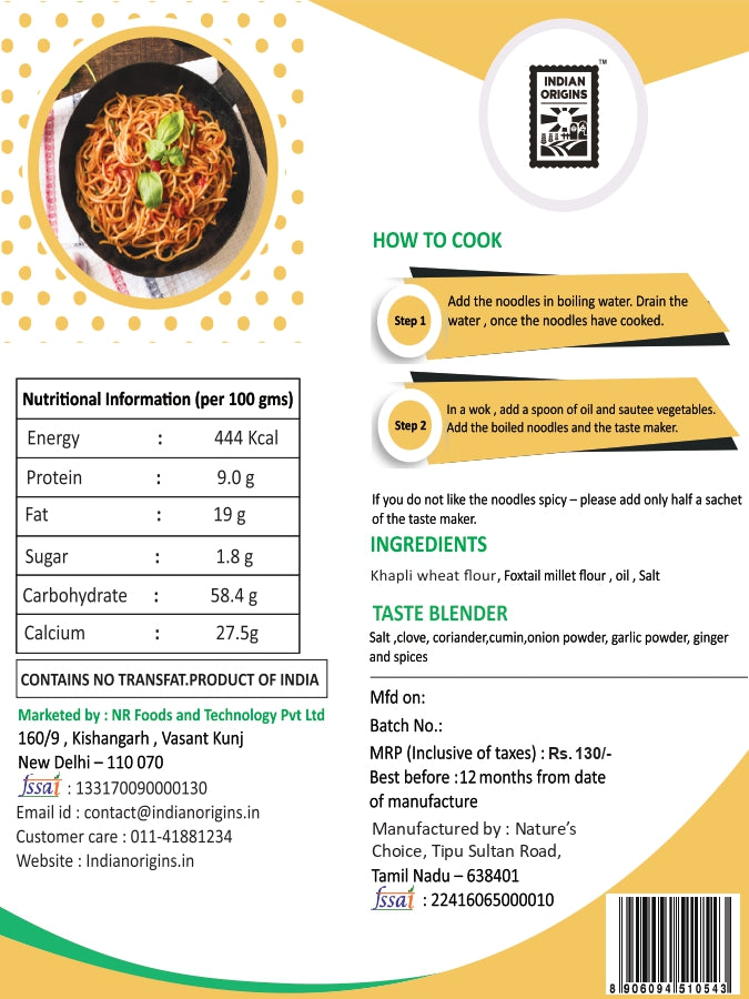 Foxtail Noodles (Made With Khapli Wheat) - No Maida & Not Fried - Indian Origins - 175gm