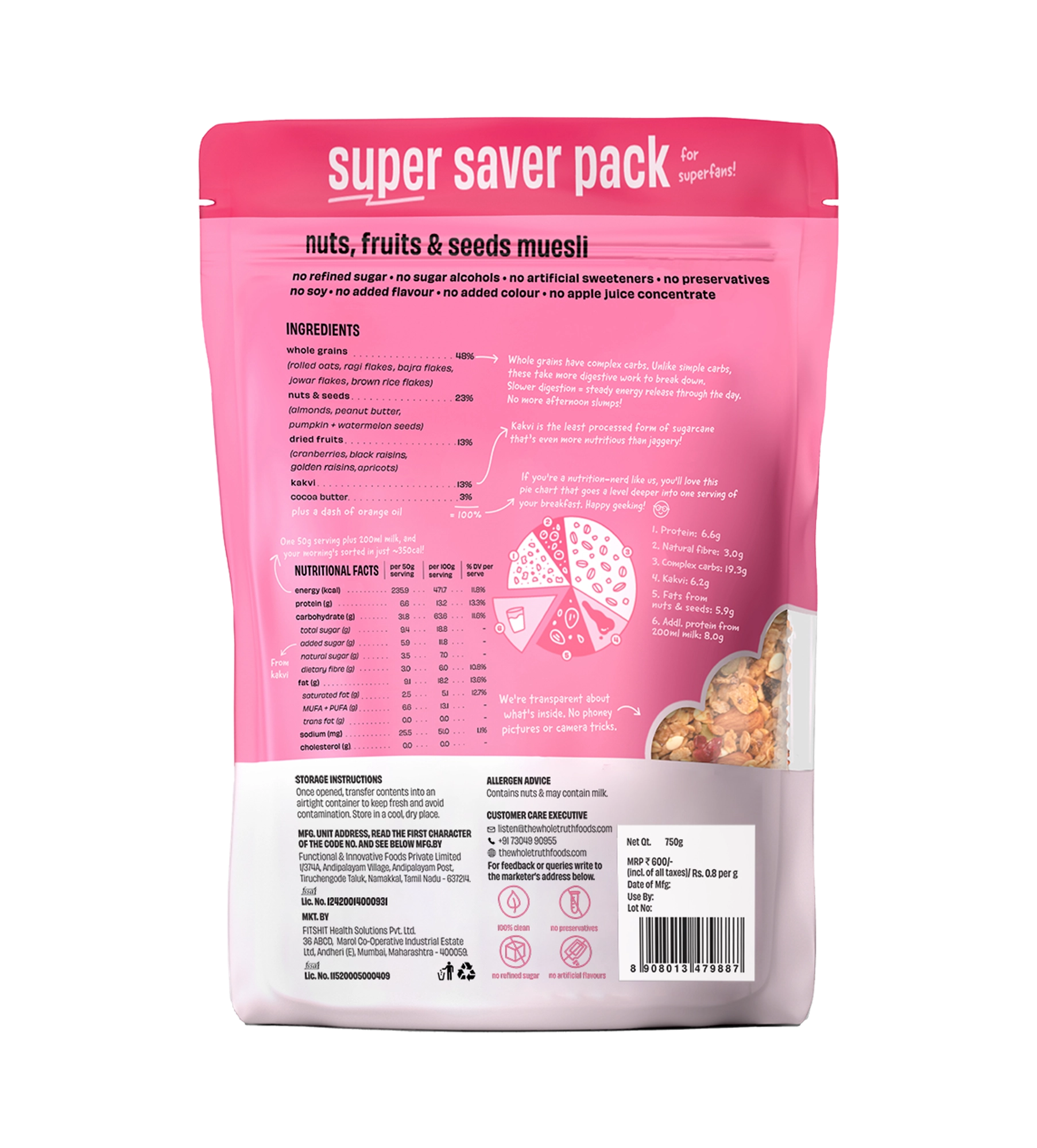 Muesli | (Nuts, Fruits & Seeds) – Gluten Free, No Soy, No Added Colour, No Preservatives & No Artificial Sweetener – The Whole Truth – 750gm