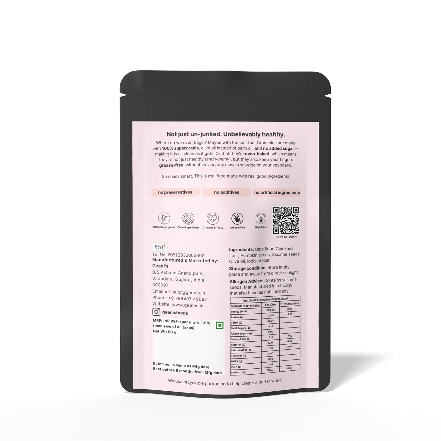 Crunchies | Pumpkin Jeera Crunchies - Oven Baked - Vegan, Gluten Free, High In Protein, Mess Free, No Preservatives, Additives & No Added Artificial Ingredients - Geenis - 50gm