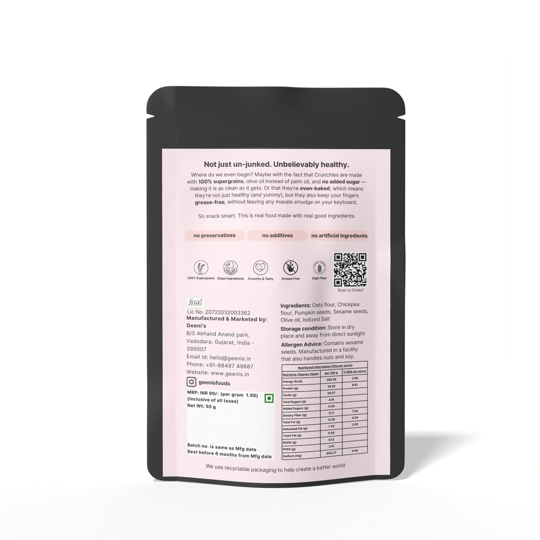 Crunchies | Pumpkin Jeera Crunchies - Oven Baked - Vegan, Gluten Free, High In Protein, Mess Free, No Preservatives, Additives & No Added Artificial Ingredients - Geenis - 200gm