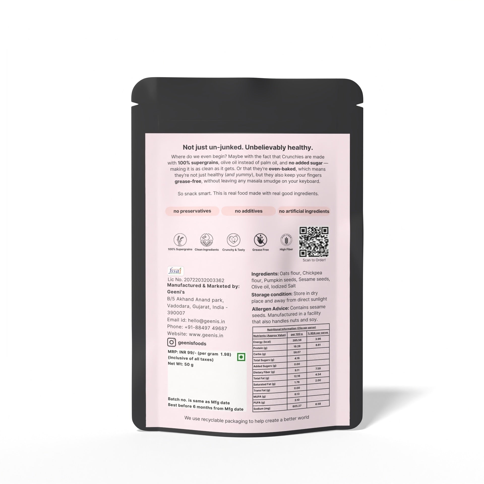 Crunchies | Pumpkin Jeera Crunchies - Oven Baked - Vegan, Gluten Free, High In Protein, Mess Free, No Preservatives, Additives & No Added Artificial Ingredients - Geenis - 200gm