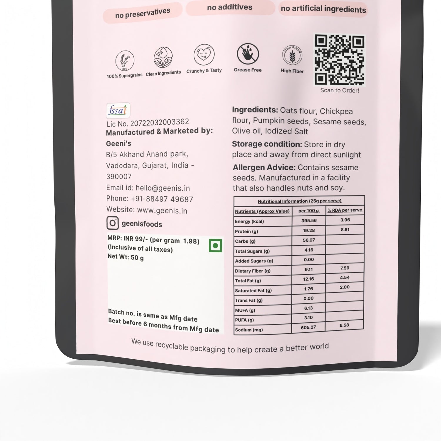 Crunchies | Pumpkin Jeera Crunchies - Oven Baked - Vegan, Gluten Free, High In Protein, Mess Free, No Preservatives, Additives & No Added Artificial Ingredients - Geenis - 50gm