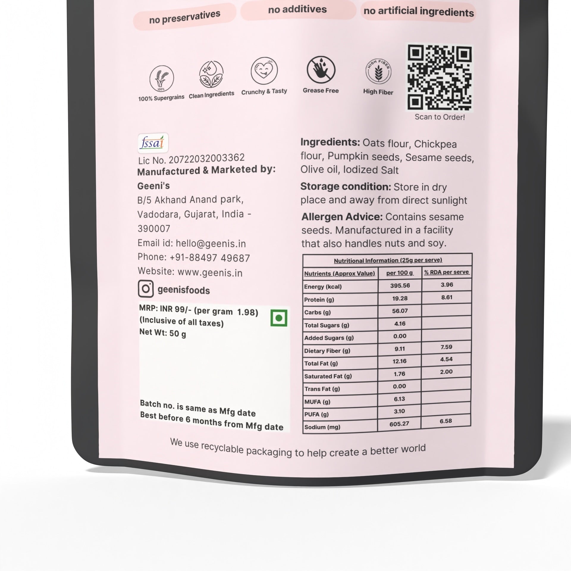 Crunchies | Pumpkin Jeera Crunchies - Oven Baked - Vegan, Gluten Free, High In Protein, Mess Free, No Preservatives, Additives & No Added Artificial Ingredients - Geenis - 200gm