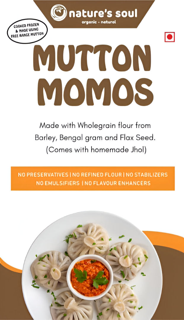 Momos | Mutton Momos - Frozen - With Homemade Jhol - Free Range Mutton, No Refined Flour, No Preservatives & No Flavour Enhancers – Nature’s Soul – Box of 12