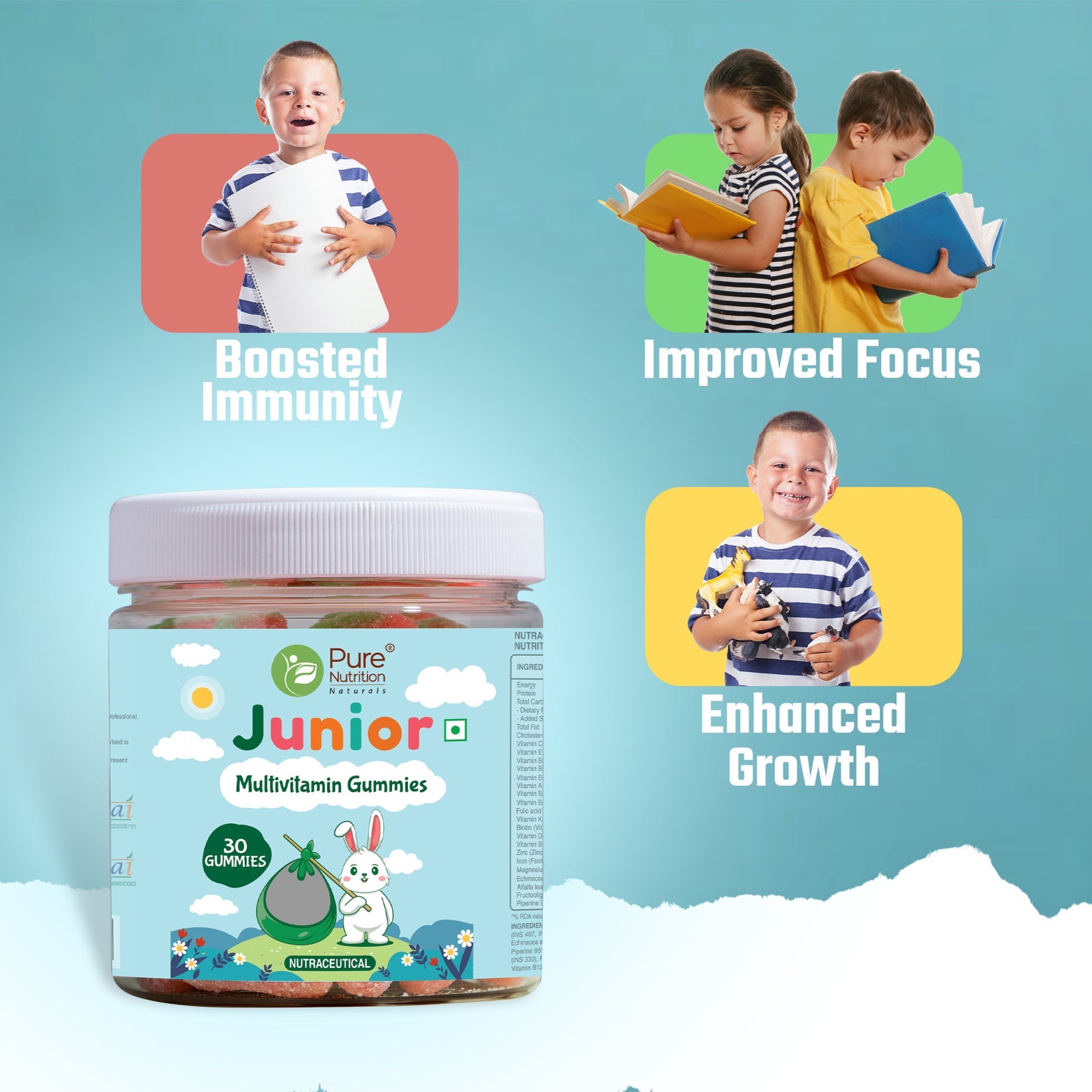 Multivitamin Gummies | (With Ashwagandha) - For Kids - Support Growth And Development, Enhance Cognitive Function & Boost Immunity - Pure Nutrition - 30 Gummies