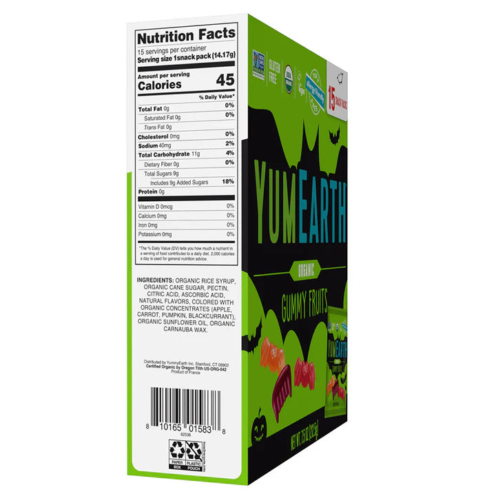Gummy Fruits | Halloween - USDA Organic - Vegan, Gluten Free, Non GMO & No High Fructose Corn Syrup Or No Artificial Dyes - Yum Earth - 212.5gm