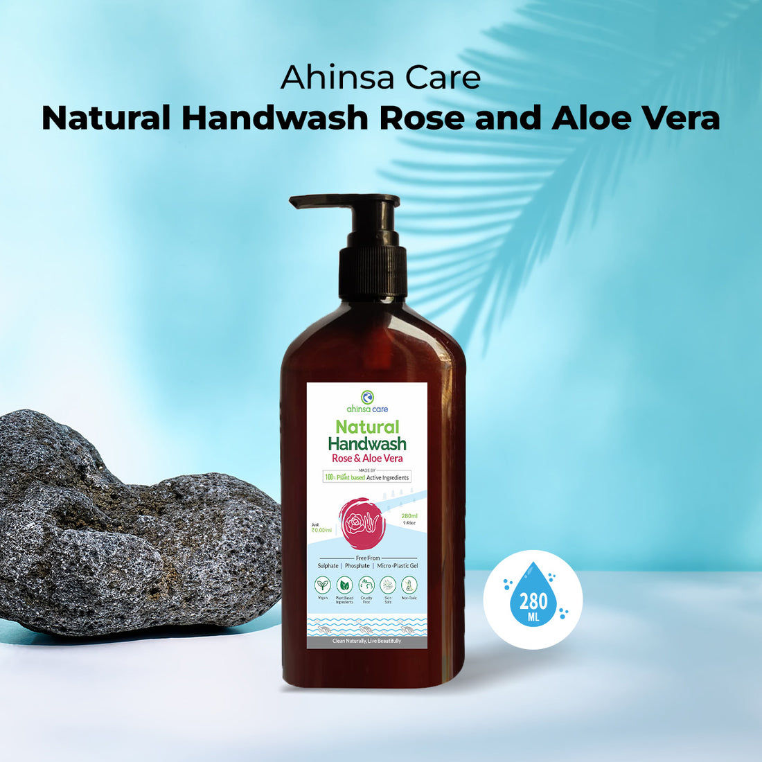 Hand Wash | Natural Handwash Rose And Aloe Vera - No Artificial Ingredients & Parabens Free - Ahinsa Care - 280ml