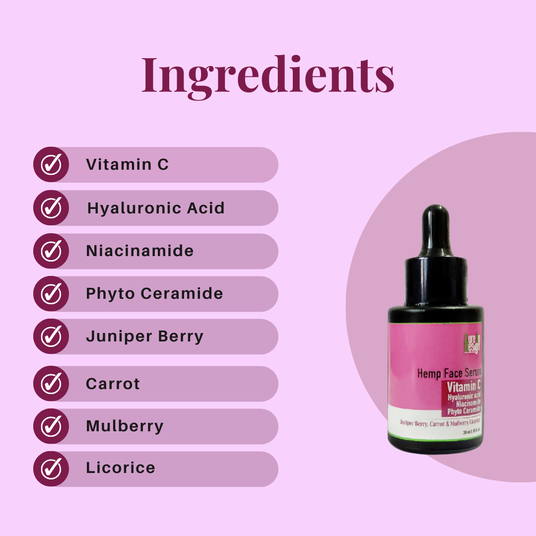 Face Serum | Hemp Face Serum - Viatmin C Hyaluronic Acid Niacinamide Phyto Ceramide - Juniper Berry, Carrot & Mulberry Licorice - Paraben Free & Cruelty Free - Cure By Design - 30ml