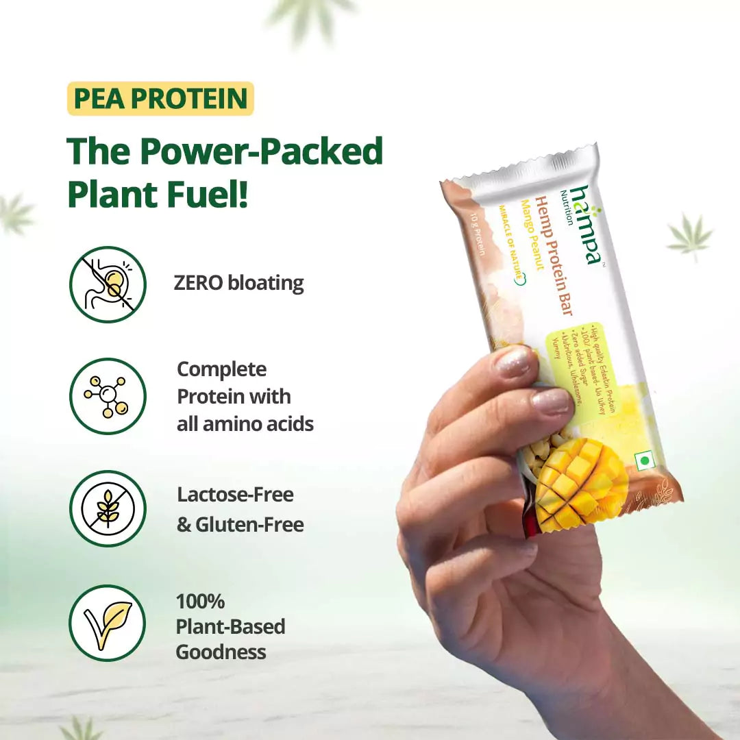 Bar | Hemp Protein Bar (Mango Peanut) - 10g Protein - 100% Plant Based - Vegan, Gluten Free. Lactose Free, No Whey & No Added Sugar - Hampa - 50gm