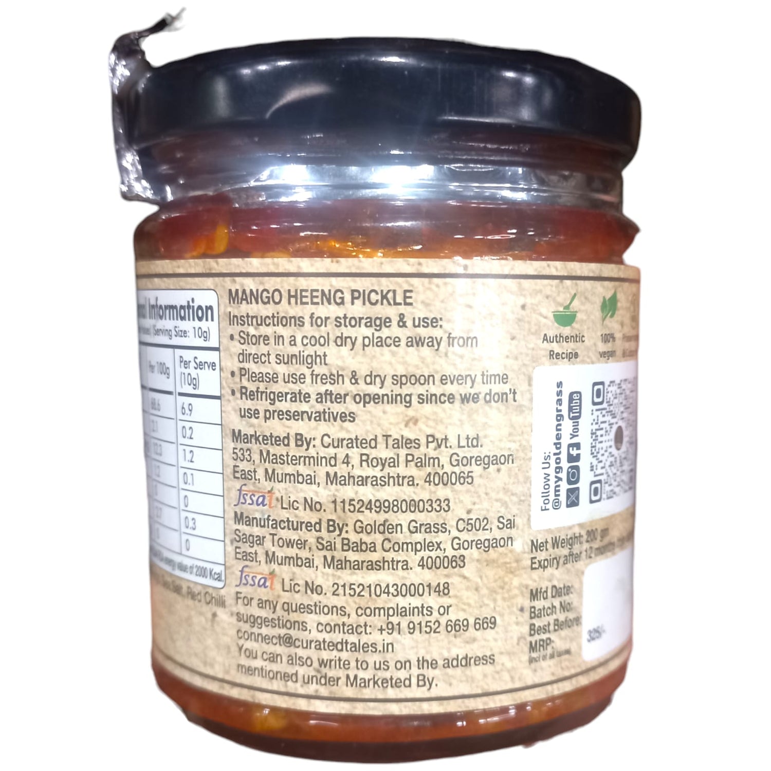 Pickle | Mango Heeng Pickle (Home Made With Probiotic Goodness) – 100% Natural – Vegan, No Added Colour & No Added Preservatives – Golden Grass – 200gm