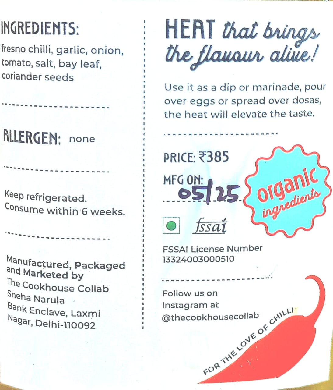 Hot Sauce | Fermented Chilli Hot Sauce (Green) - Made With Organic Ingredients - No Added Preservatives & No Additives - The Cook House Collab - 310gm