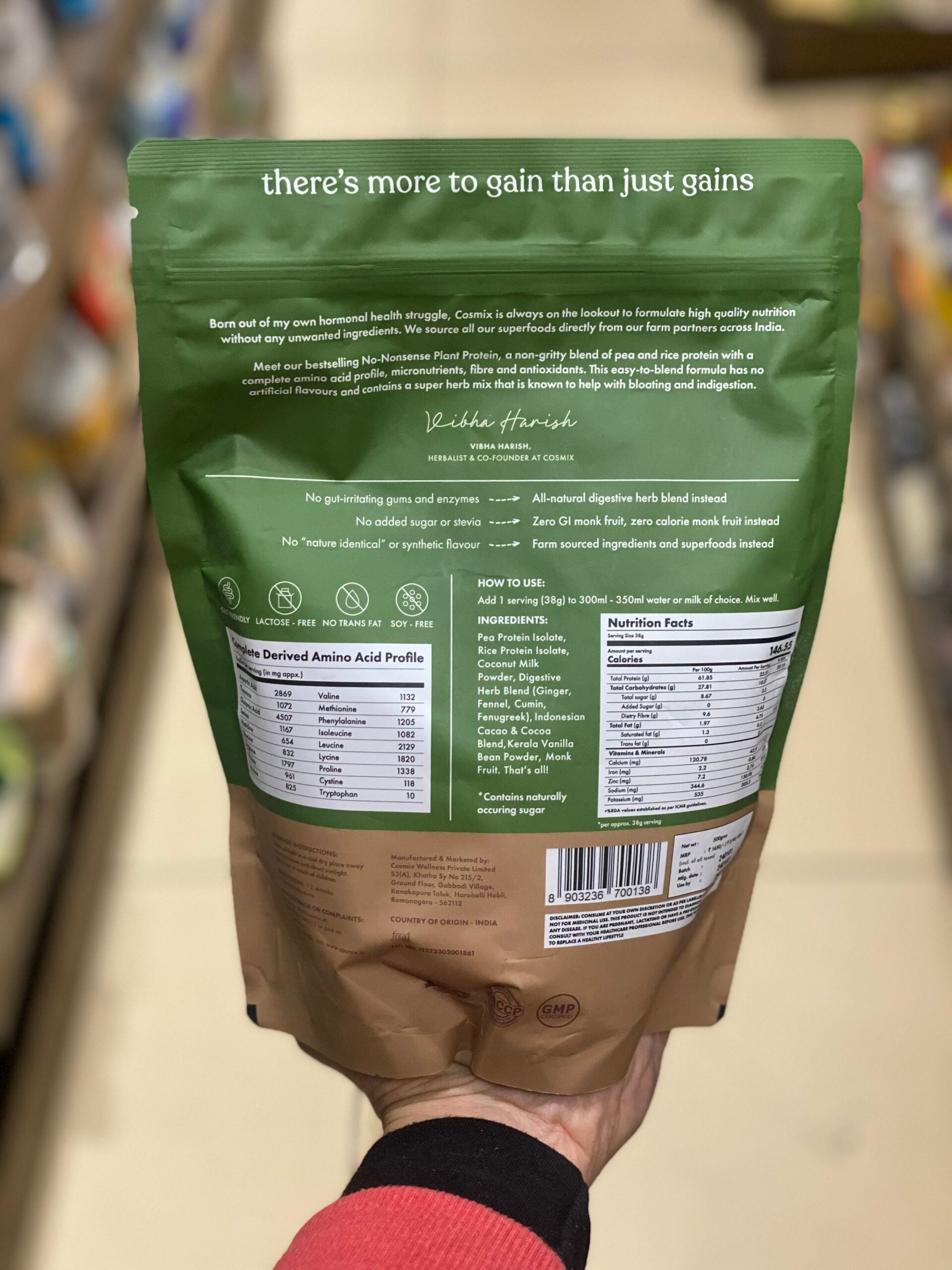 Protein Powder | Plant Protein - No Nonsense - Indonesian Cacao - 24gm Protein Per Serving - Vegan, Gluten Free, Soy Free, No Trans Fat, No Added Sugar, Gums, Enzymes & No Added Artificial Flavours - Cosmix - 500gm