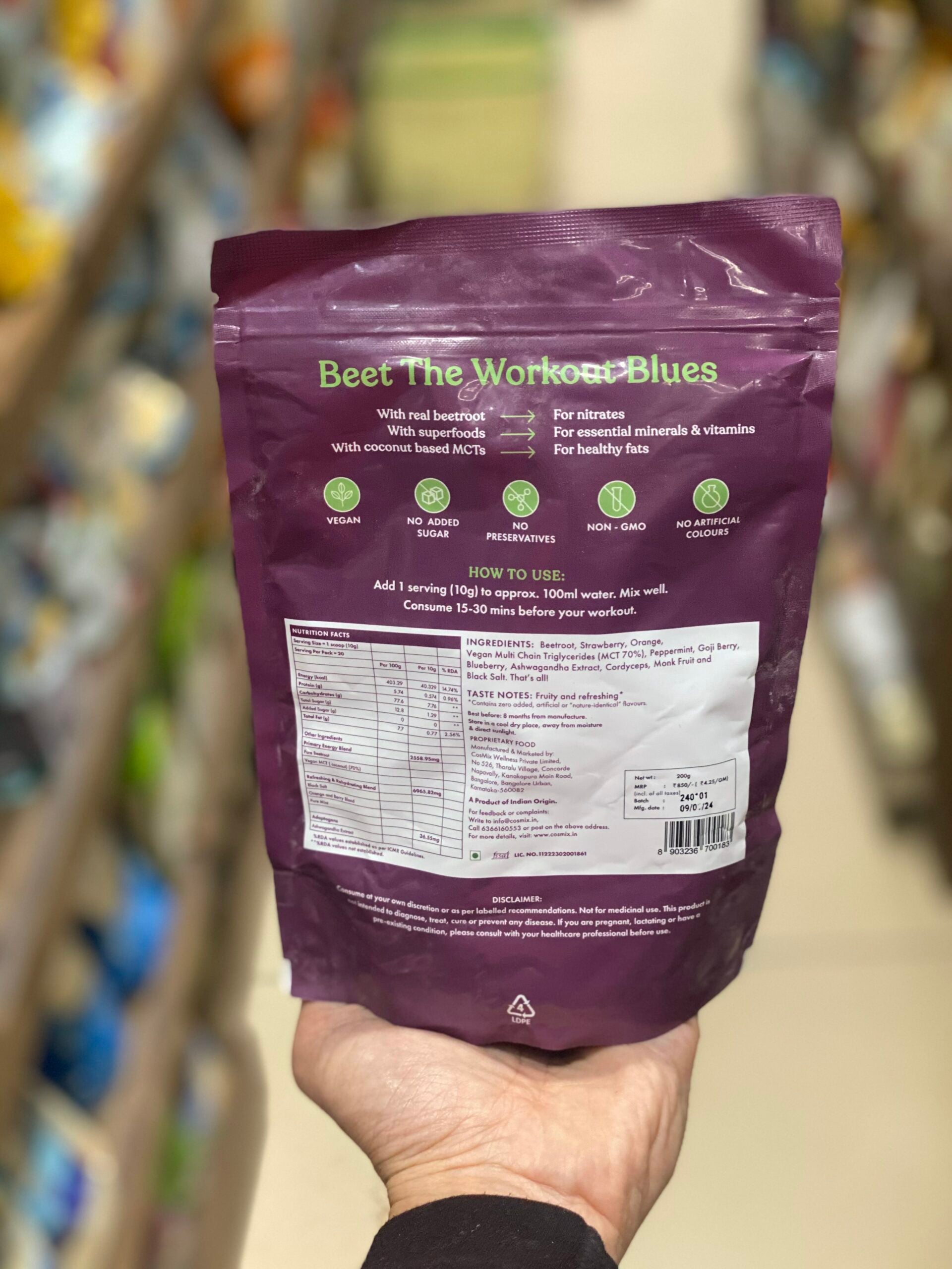 Pre Workout Powder | Pure Plant - Focus And Endurance - Energy Without Crash - Delayed Muscle Fatique - Caffeine Free - Cosmix - 200gm