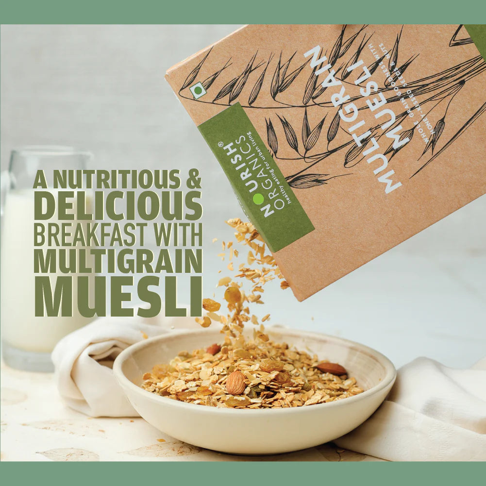 Multigrain Muesli - No Added Sugar, High Protein, Rich In Fiber, Low Calorie, Lactose Free & Fat Free - Nourish Organics - 300gm