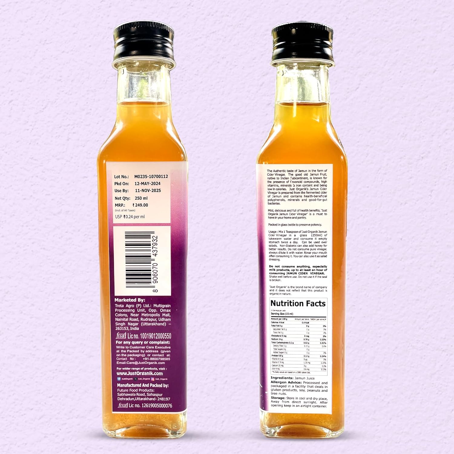 Vinegar | Jamun Cider Vinegar - Raw - Unfiltered - Unpasteurised - No Added Chemicals & Non GMO - Just Organik - 250ml