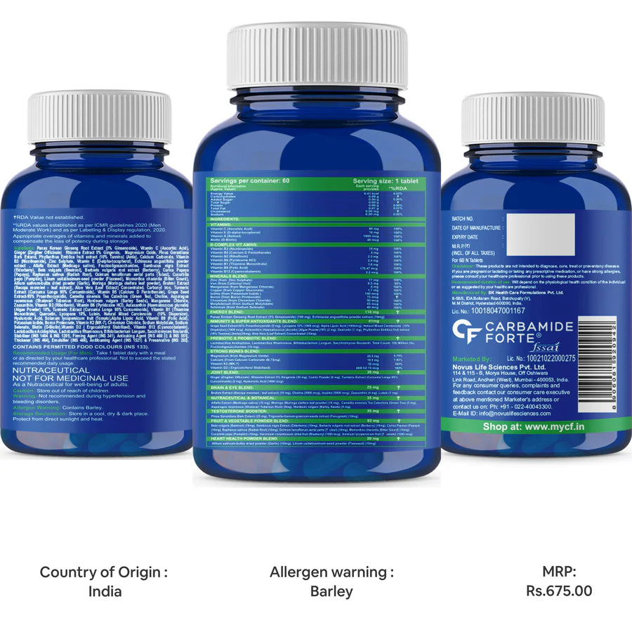 Multivitamin | For Immunity & Energy (With Probiotics & 67 Ingredients) - For Men - Supports Energy, Immunity, Bones, Joint & Digestion - Carbamide Forte - 60 Tablets