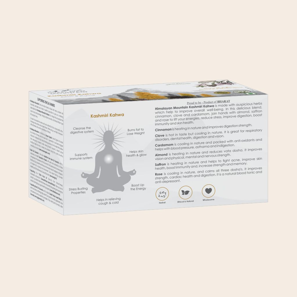 Tea | Kashmiri Kahwa - With Saffron Almond & Authentic Spices - Made With Ethical & Natural Herbs - Himalayan Mountain - Tea Bag 16+16n
