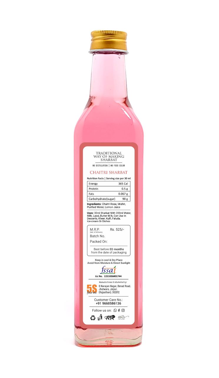Sharbat | Chaitri Khaas - Taste Of Rajputana -Natural Ingredients - No Added Artificial Colors, Distillation & No Added Preservatives - 5S Farm - 700ml
