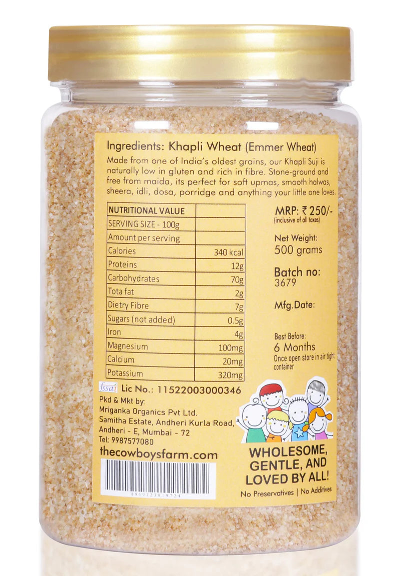 Khapli Suji | Ancient Breakfast Super Hero Khapli Suji-Emmer Wheat Semolina (Stone Ground) -No Maida, No Additives & No Preservatives– The Cow Boys Farm – 500gm