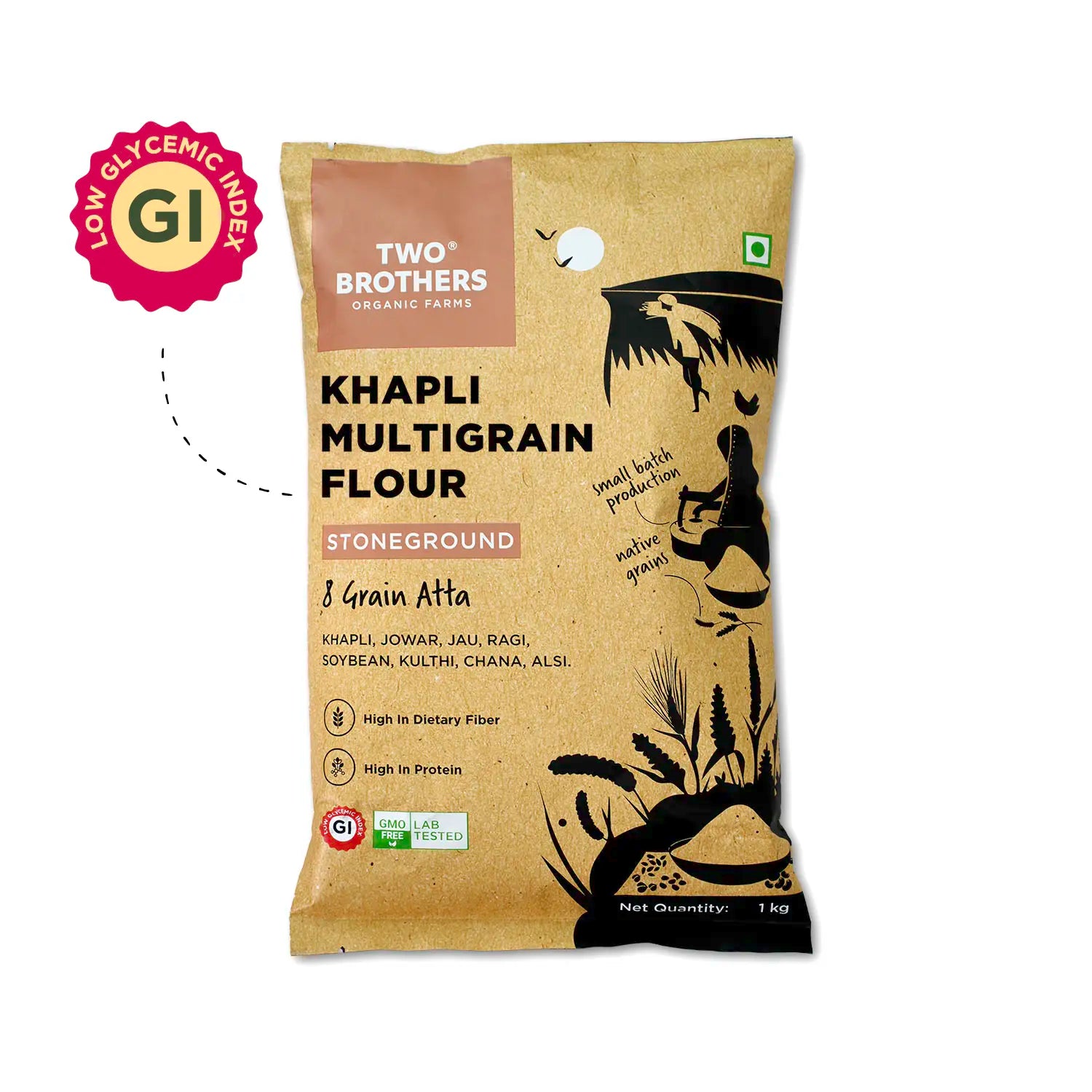 Khapli Flour | Khapli Multigrain Atta - 8 Grain Atta - Stoneground - High In Fiber And Protein - Two Brothers – 1000gm