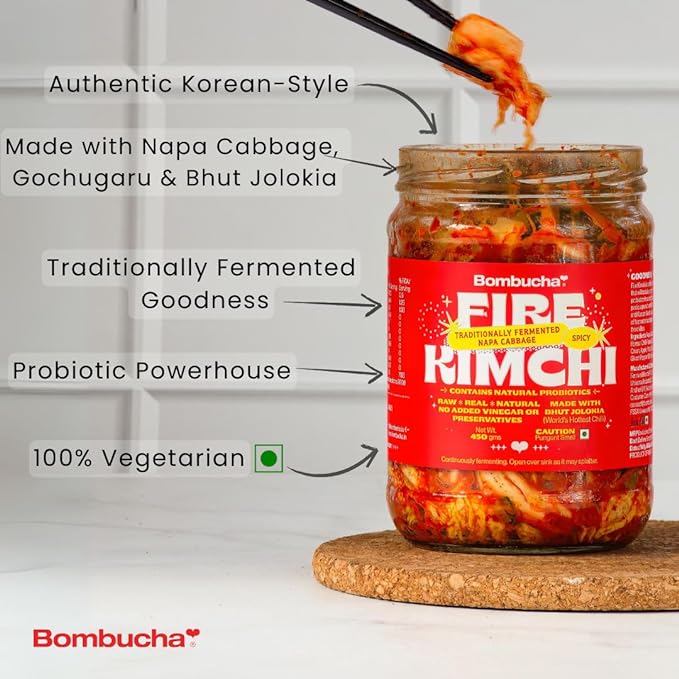 Kimchi | Fire - Traditionally Fermented Napa Cabbage (Made With Bhut Jolokia) - Medium Spicy - Raw - Real - Natural - No Added Vinegar & Preservatives Free - Bombucha - 150gm