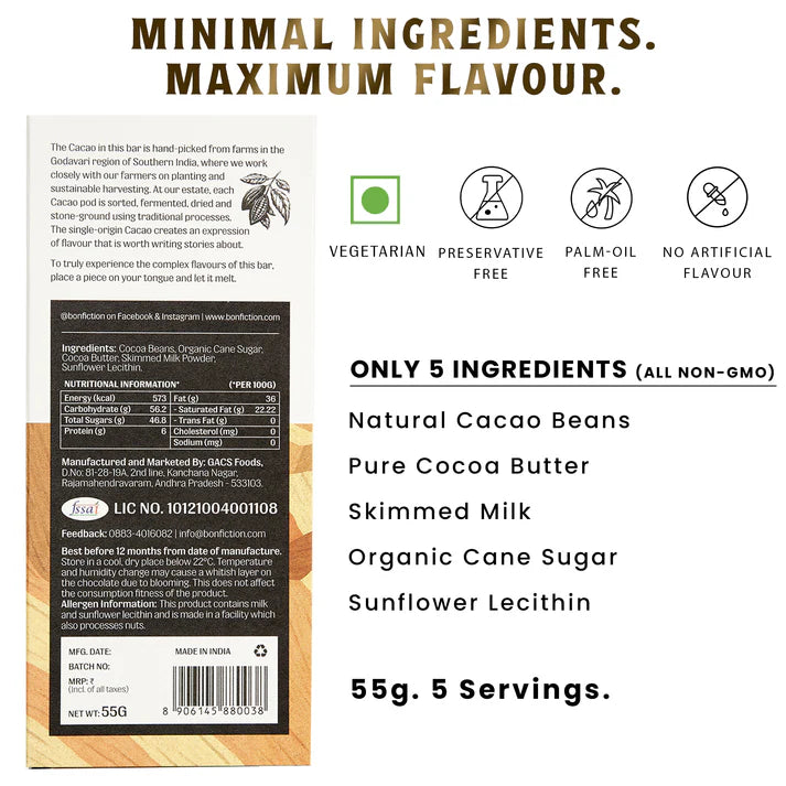 Milk Chocolate | Legend Of The Bean - 45% Milk Chocolate - Tree To Bar – Single Origin – 100% Natural – Vegan, Gluten Free, Palm Oil Free, Non GMO, No Artificial Flavour & No Added Preservatives - Vegan – Bon-Fiction – 55gm