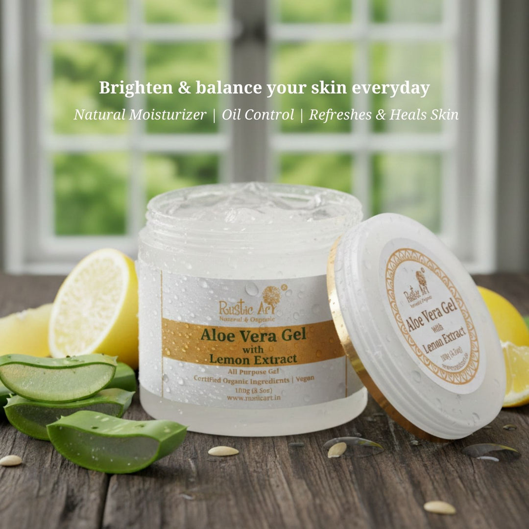 Gel | Aloe Vera Lemon Gel -Natural Moisturizer- Balances Excess Oil - Cruelty free & Vegan - Rustic Art – 100gm