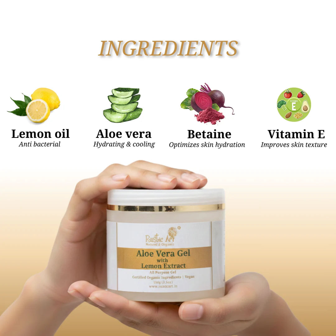 Gel | Aloe Vera Lemon Gel -Natural Moisturizer- Balances Excess Oil - Cruelty free & Vegan - Rustic Art – 100gm