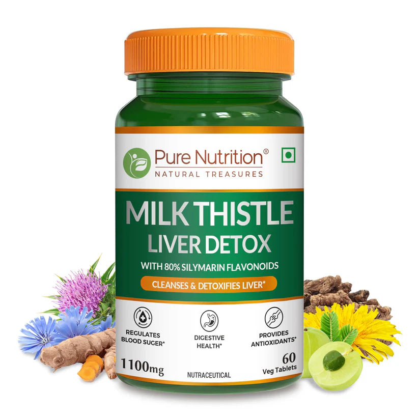 Liver Detox | Milk Thistle Liver Detox (With 80% Silymarin Flavonoids) – For Liver Health – Regulates Blood Sugar & Digestive Health – Pure Nutrition – 60 Veg Capsules