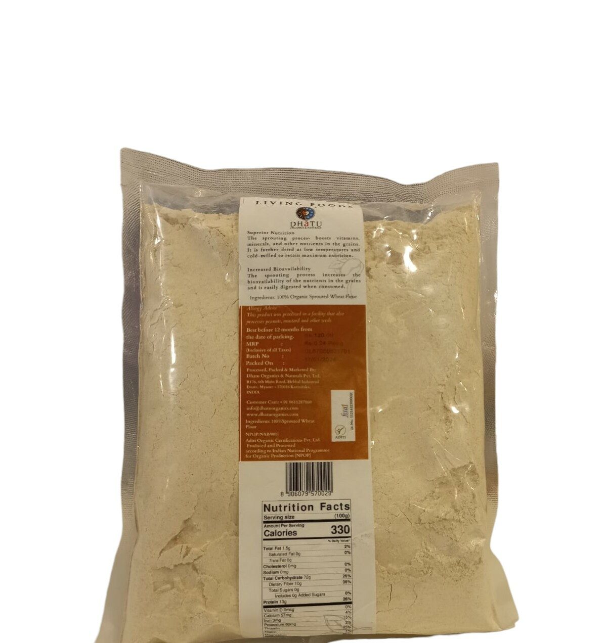 Wheat Flour | Organic Sprouted Wheat Flour - Cold Milled - Dhatu Organic - 500gm
