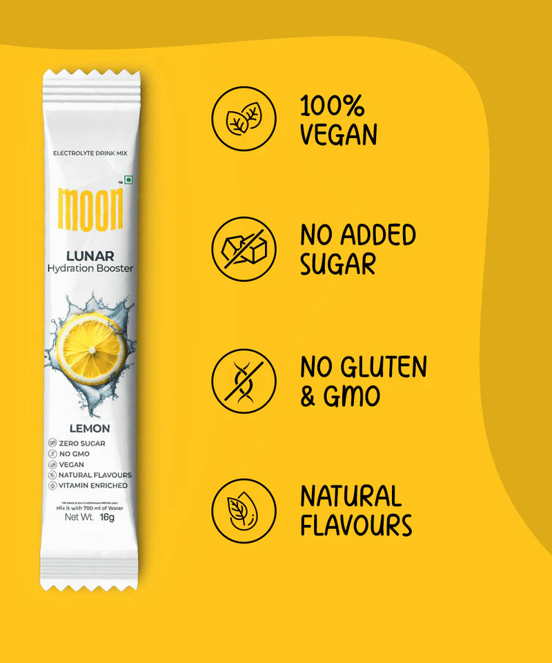 Electrolyte Drink | Lunar Hydration Booster - Lemon Flavour - Vegan, Gluten Free, Non GMO & No Added Sugar - Moon - (6x16g Strips) - 96gm