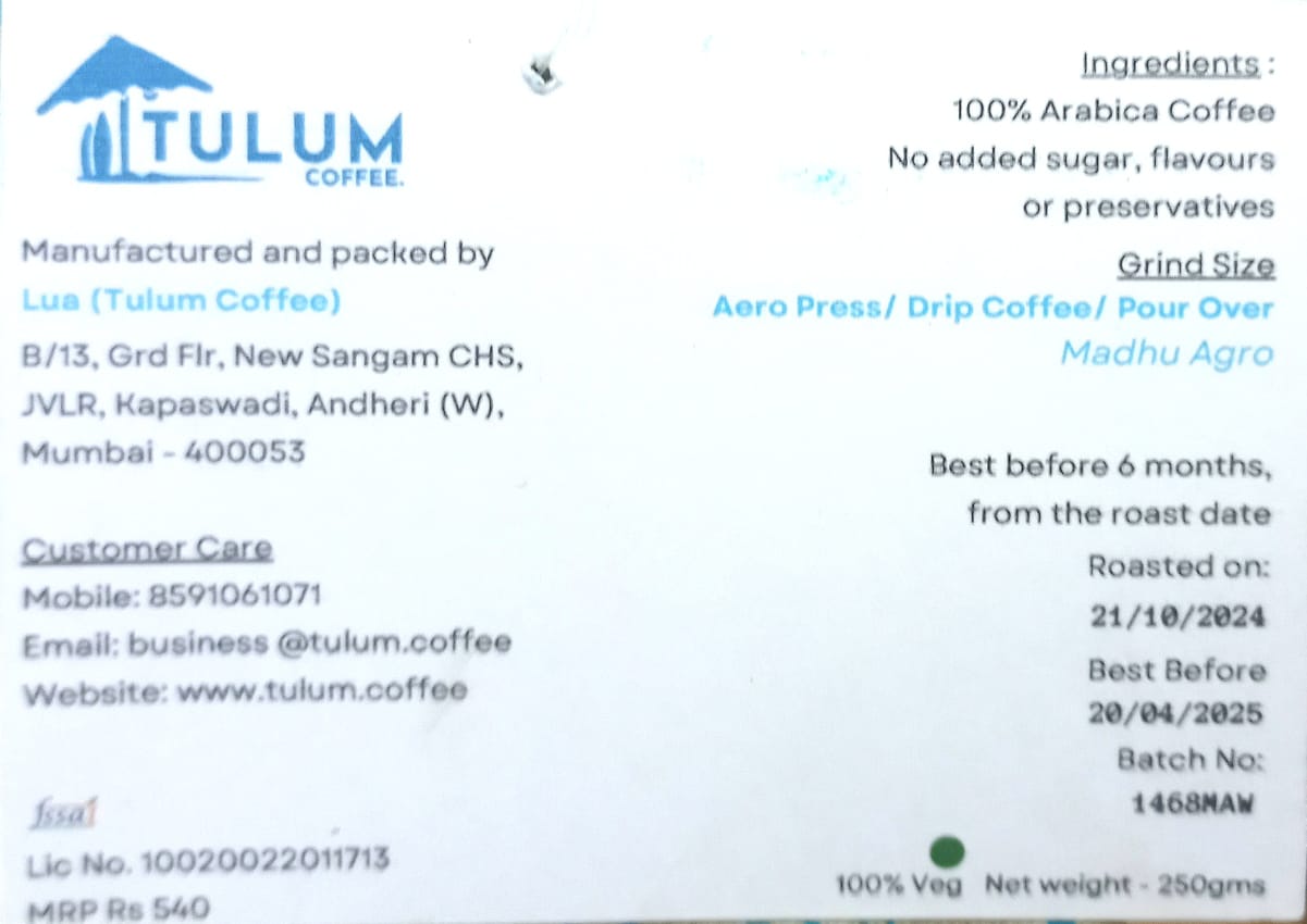 Coffee | Madhu Agro (Whole Beans) - Berries, Peach, Honey Like Sweetness - 100% Arabica – Not Instant – No Added Sugar, Honey, Fruit, Flavor, Chicory & Preservative – Tulum Coffee – 250gm