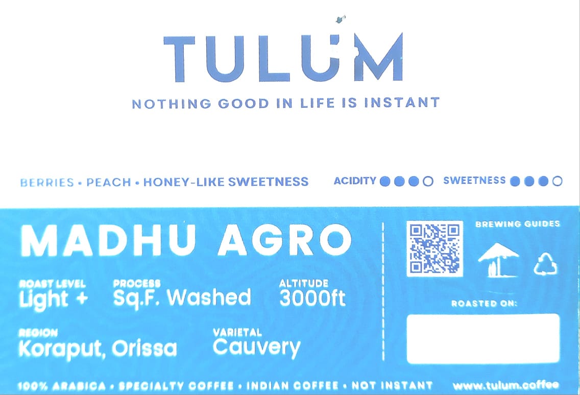 Coffee | Madhu Agro (Whole Beans) - Berries, Peach, Honey Like Sweetness - 100% Arabica – Not Instant – No Added Sugar, Honey, Fruit, Flavor, Chicory & Preservative – Tulum Coffee – 250gm