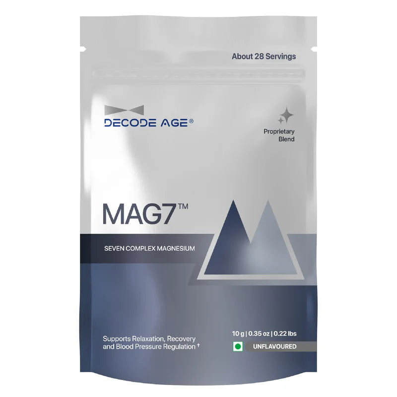 Mag7 Powder | Seven Complex Magnesium – Proprietary Blend – Unflavoured – Supports Relaxation, Recovery And Blood Pressure Regulation - Vegan, Gluten Free, Soy Free, Egg Free & Non GMO - Decode Age – 28 servings – 10gm