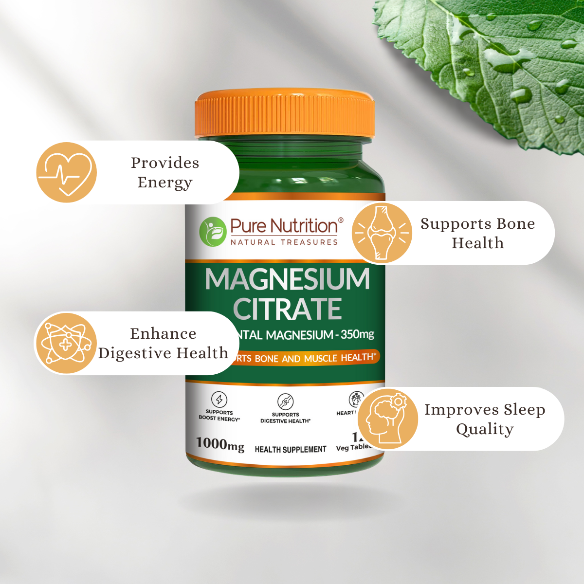 Magnesium Citrate | Supports Digestion and Reduces Muscle Cramps - Pure Nutrition - 1000mg - 120 Tablets