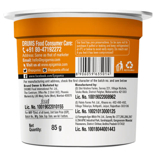 Greek Yogurt Mango – Zero Added Sugar & High Protein – Epigamia – 85gm