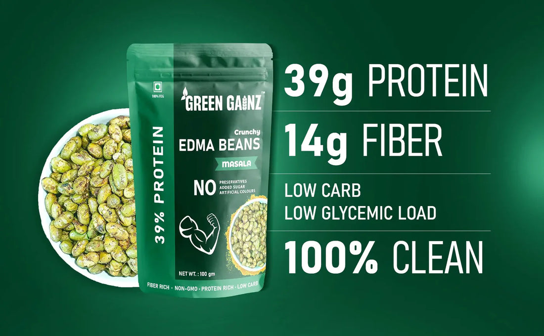 Edama Beans | Crunchy & Roasted (Masala) Edma Beans- 39% Protein Per Serving - Fiber Rich, Protein Rich - Low Carb- No Added Preservatives & Sugar - Green Gainz- 100gm