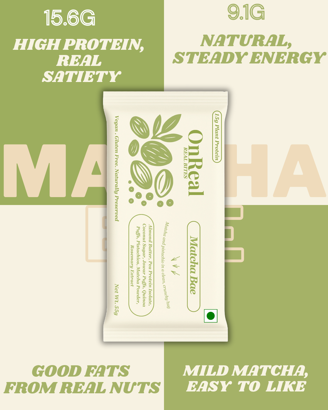 Bar | Matcha Bae (Match and pistachio in a clean,Crunchy) - 15g Plant Protein – Vegan, Gluten Free , Naturally Preserved – OnReal 55gm