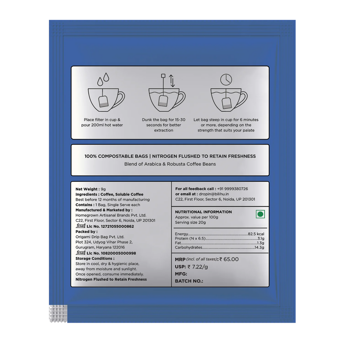 Coffee | Hot Coffee Dip Bags - Arabica Robusta Blend - Medium Roast - Bili Hu - 9gm - 1 sachet