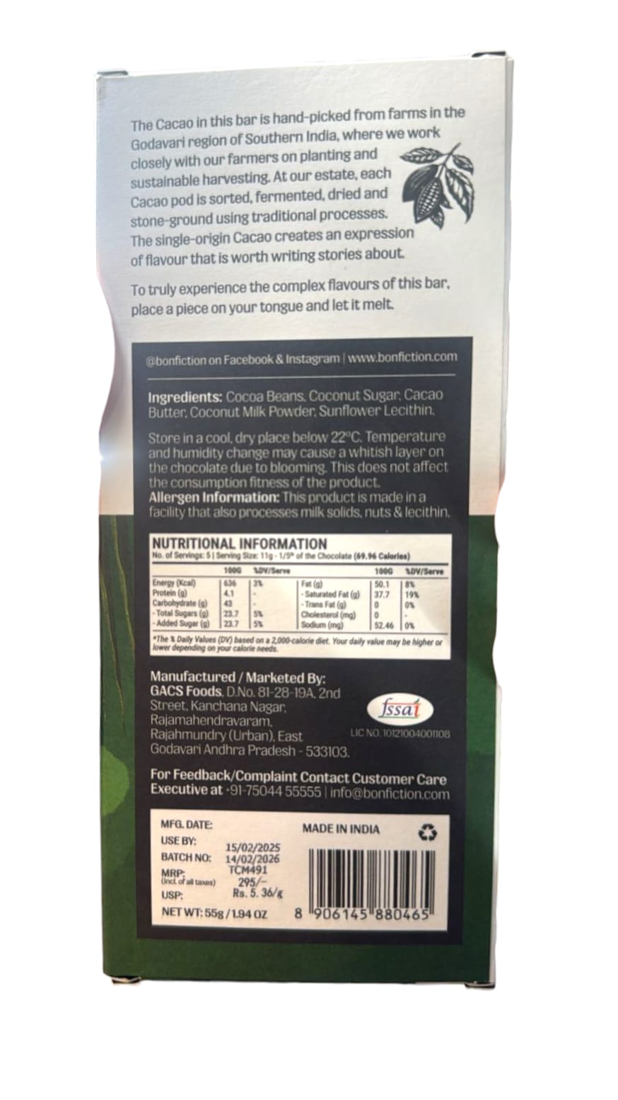Milk Chocolate | The Coconut Covenant 55% Coconut Mylk & Coconut Sugar – Tree To Bar – Single Origin – 100% Natural – Vegan, Gluten Free, Palm Oil Free, Non GMO, No Artificial Flavour & No Added Preservatives - Vegan – Bon-Fiction – 55gm