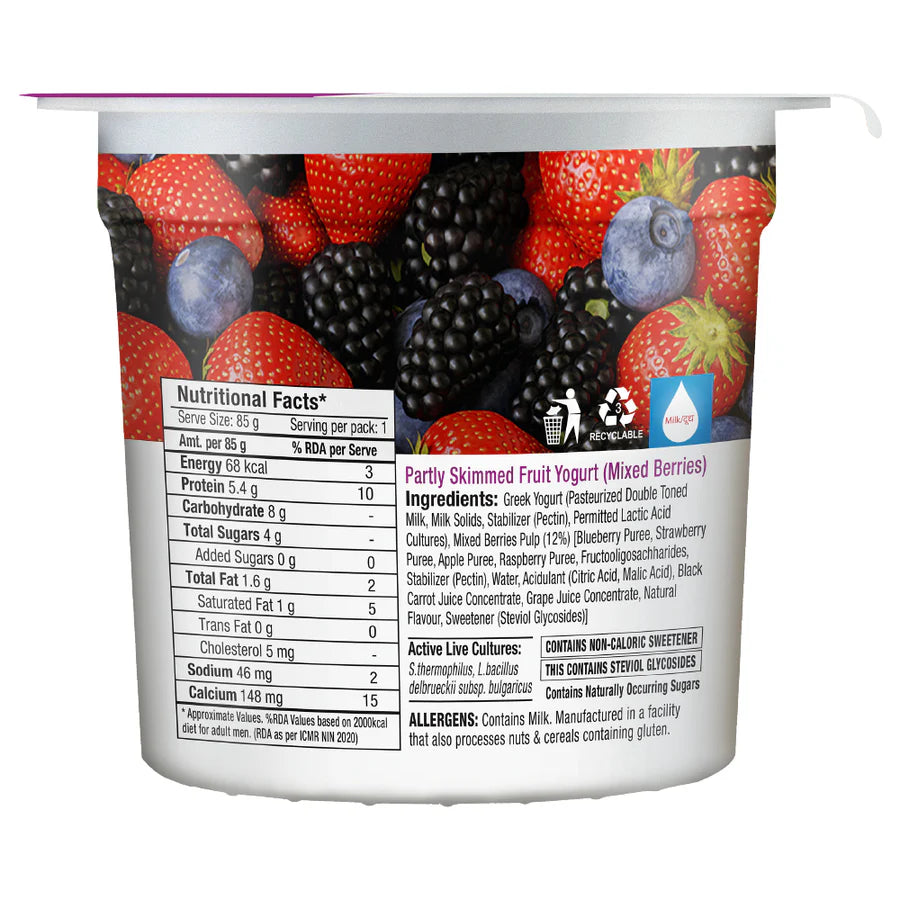 Yogurt | Greek Yogurt - Mixed Berries - 5g Protein - No Added Preservatives & No Added Sugar - Epigamia - 85gm